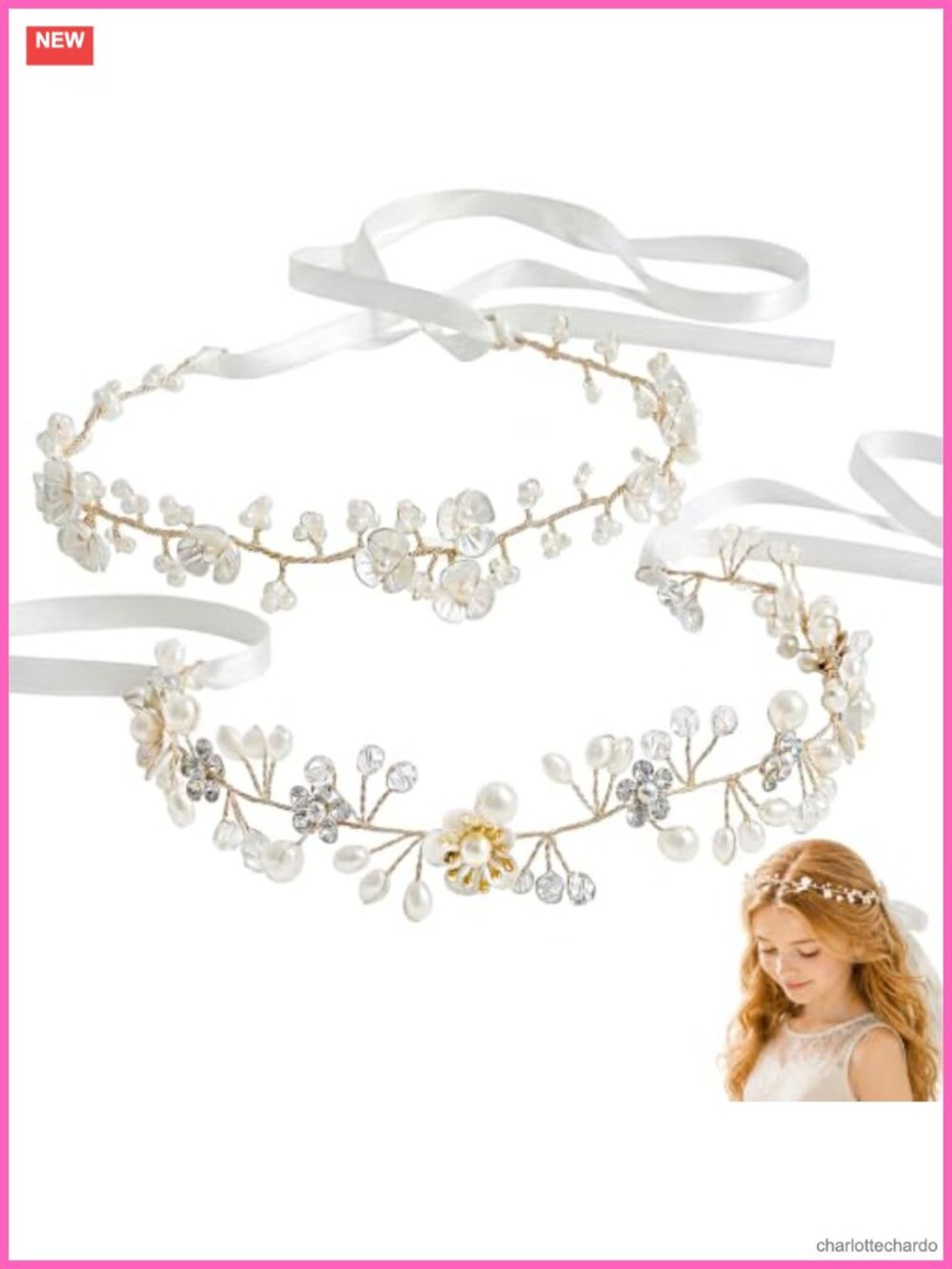 2 Pc Flower Crown Pearl Rhinestone Headband Set for Wedding Bridal